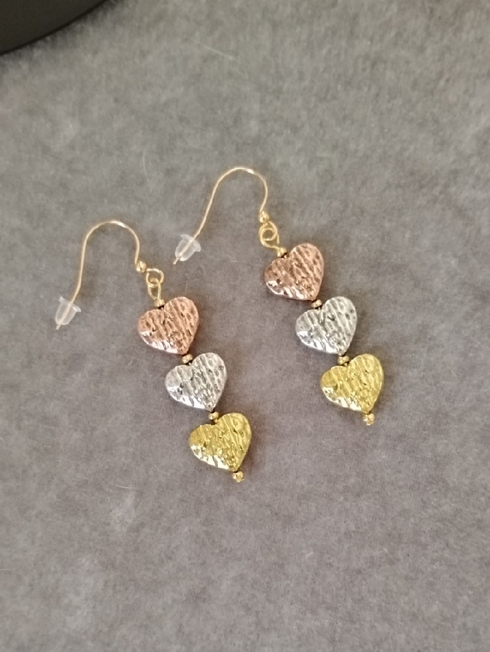 Hand Crafted Tri-Tone Heart Drop Earrings - Picture 2 of 5